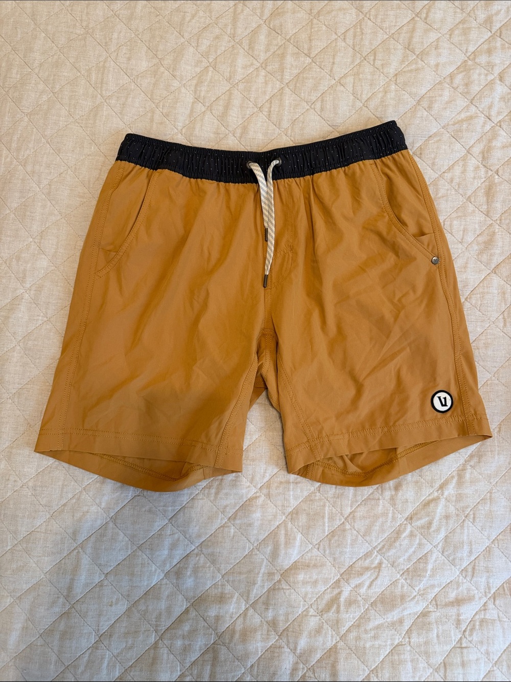 Vuori Men's Athletic Shorts in Mustard with Black Waistband